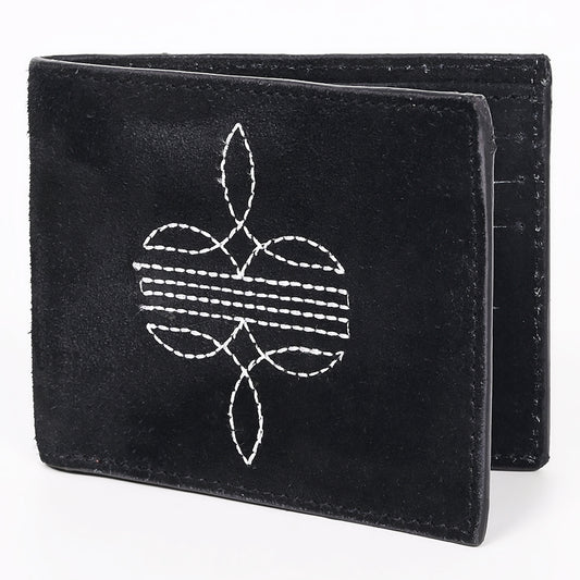 ADBGZ919A Black Genuine suede Leather Bifold Wallet with White Embroidered Stitch Detail