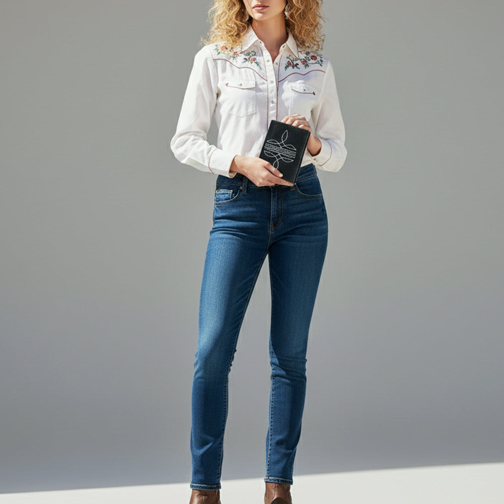 ADBGZ920A Black Genuine suede Leather Trifold Wallet with White Embroidered Stitch Detail