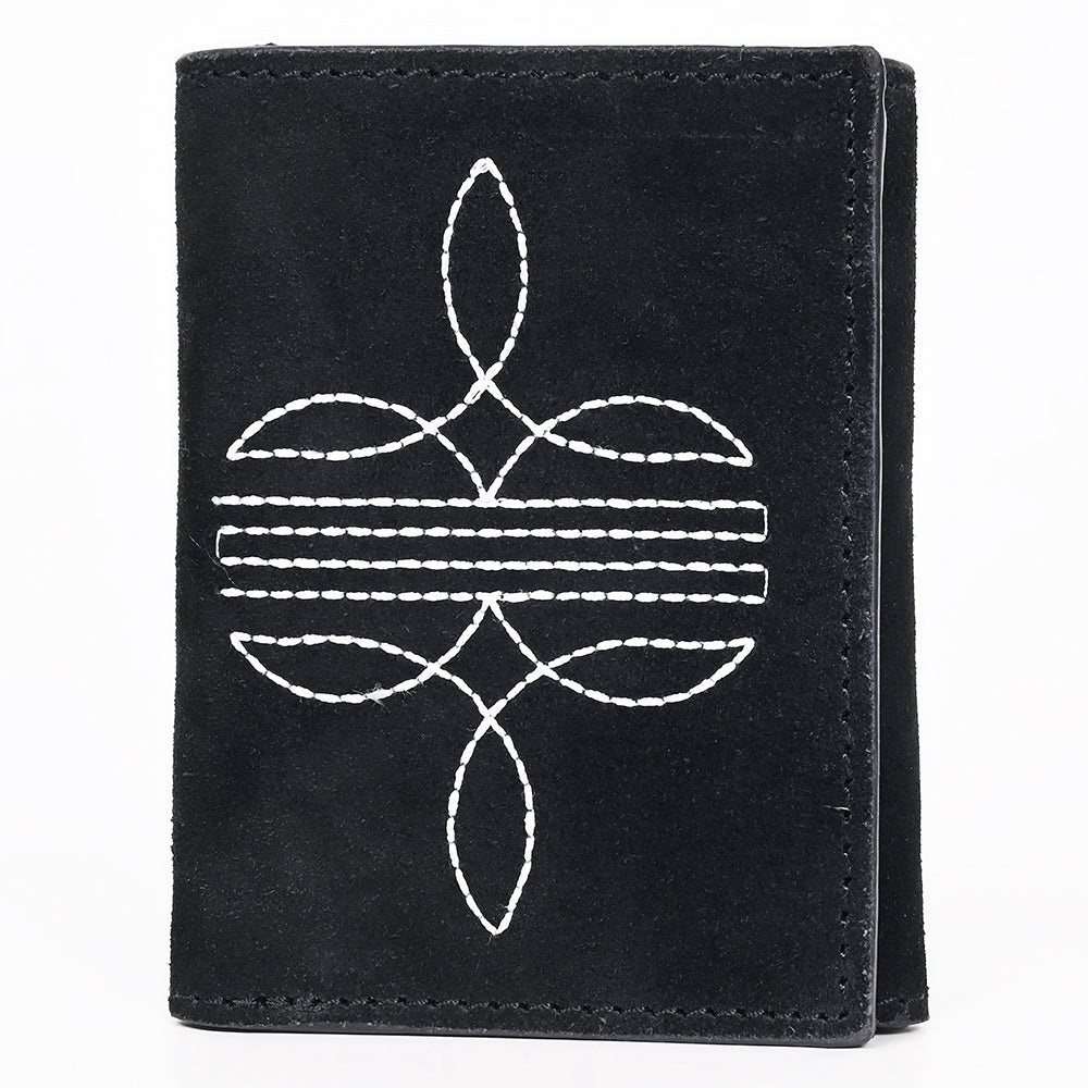 ADBGZ920A Black Genuine suede Leather Trifold Wallet with White Embroidered Stitch Detail