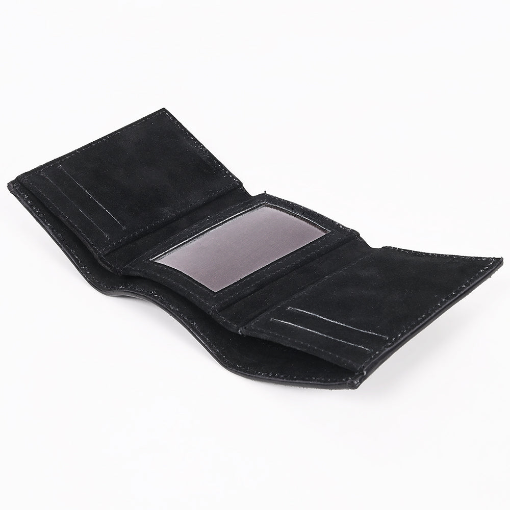 ADBGZ920A Black Genuine suede Leather Trifold Wallet with White Embroidered Stitch Detail