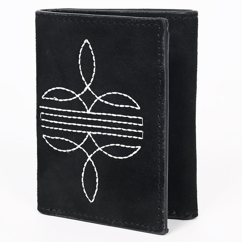ADBGZ920A Black Genuine suede Leather Trifold Wallet with White Embroidered Stitch Detail