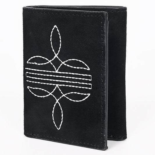 ADBGZ920A Black Genuine suede Leather Trifold Wallet with White Embroidered Stitch Detail