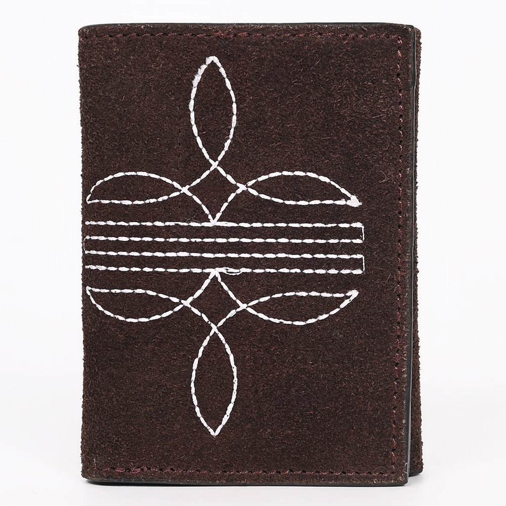 ADBGZ920 Genuine suede Leather Trifold Wallet with White Western Stitch Embroidery