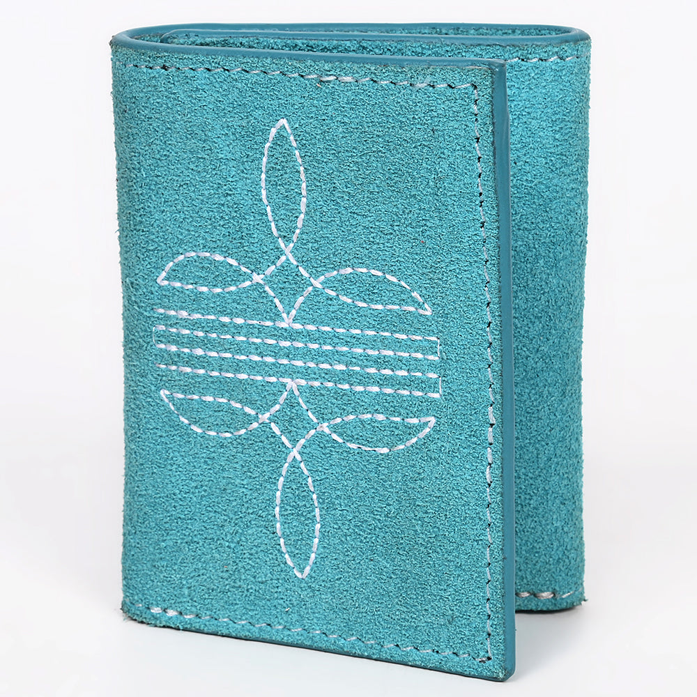 ADBGZ920 Genuine suede Leather Trifold Wallet with White Western Stitch Embroidery