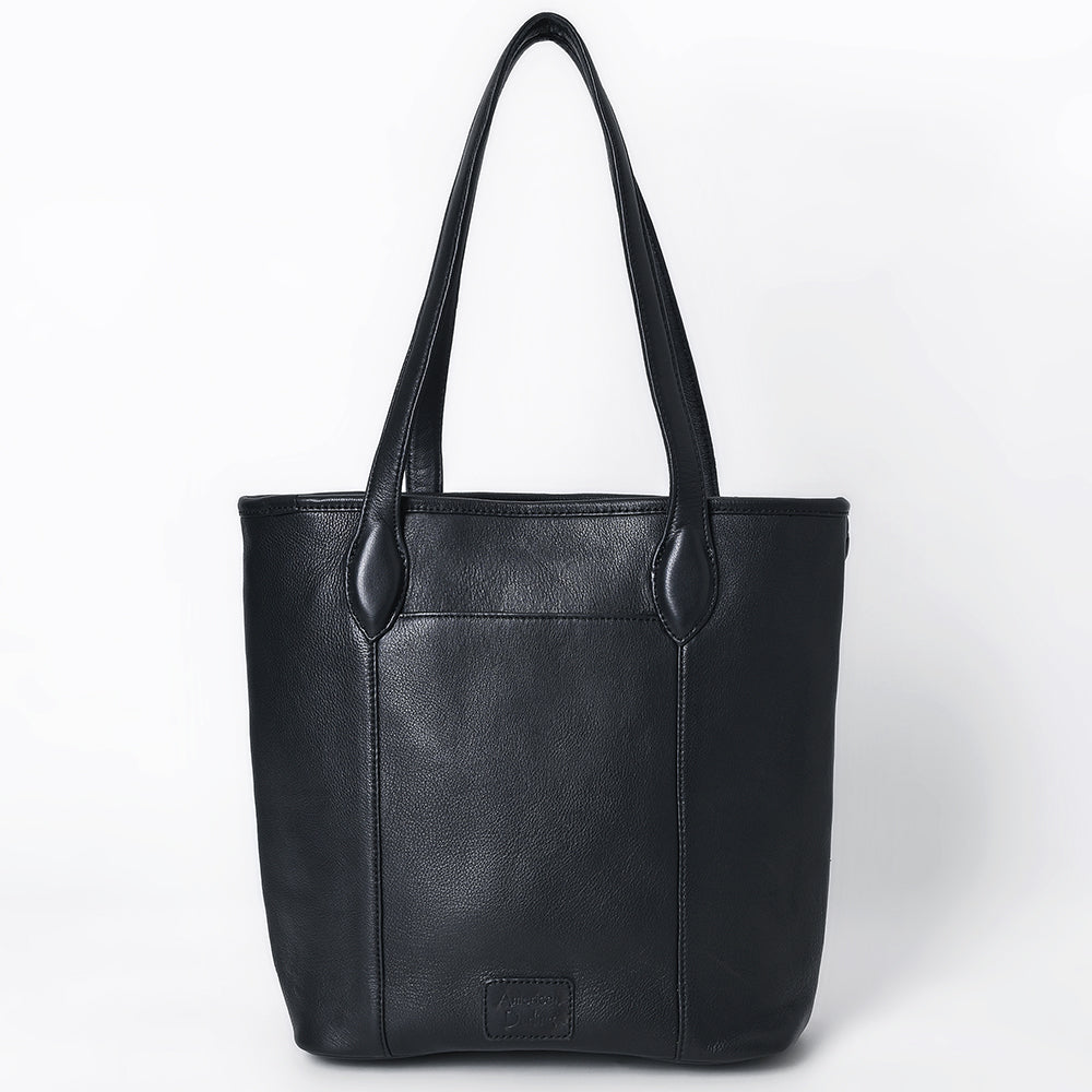 ADBGA750 Black Quilted Western Tote Bag - Round Tooled Leather Floral Medallion & Double Handles
