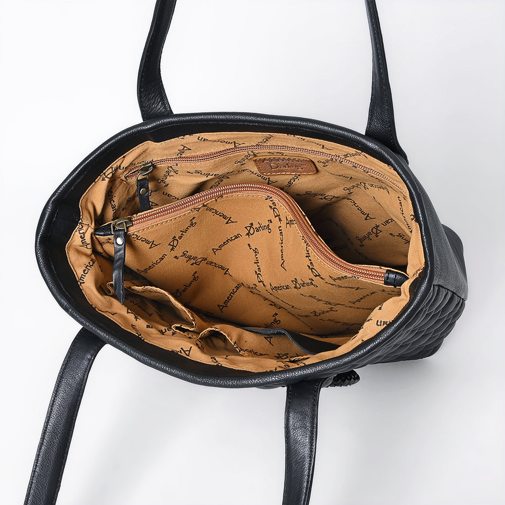 ADBGA750 Black Quilted Western Tote Bag - Round Tooled Leather Floral Medallion & Double Handles