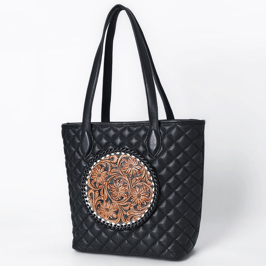 ADBGA750 Black Quilted Western Tote Bag - Round Tooled Leather Floral Medallion & Double Handles