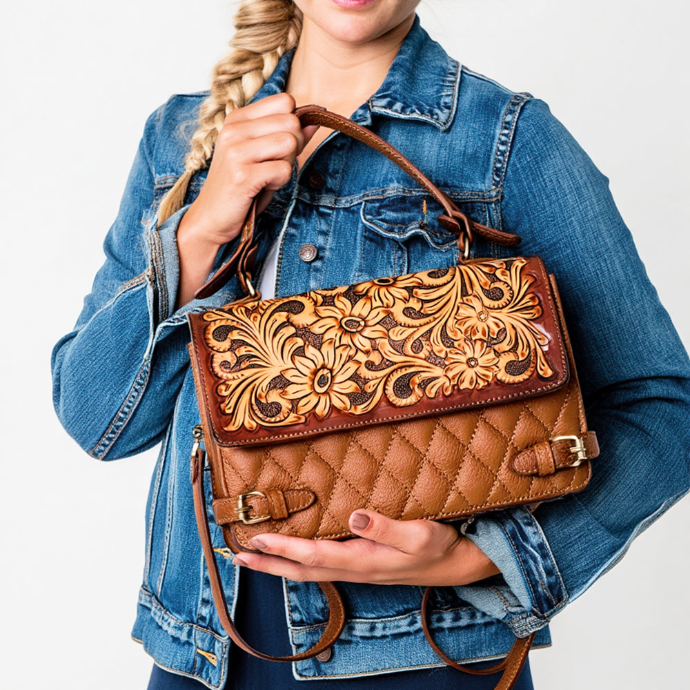 ADBGA751 Tan Quilted Leather Western Handbag - Tooled Floral Flap with Top Handle & Crossbody Strap