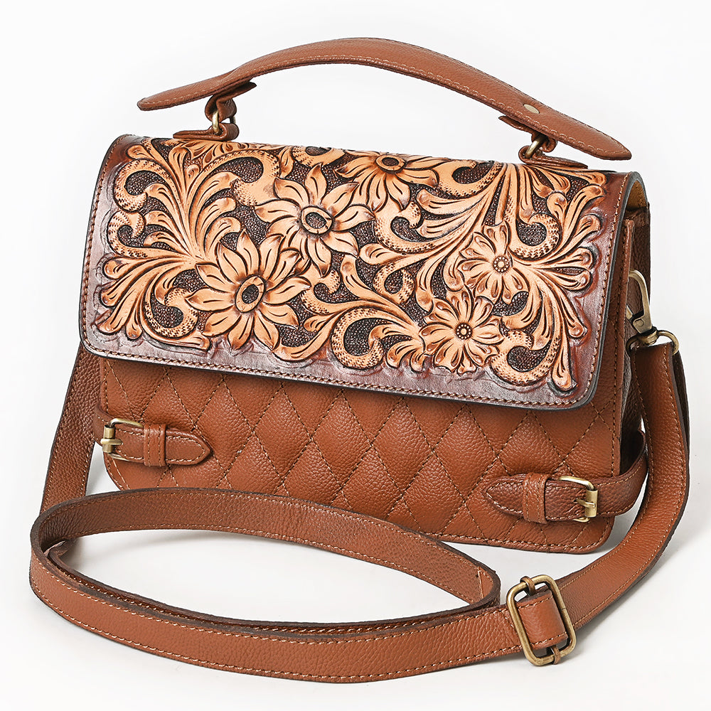 ADBGA751 Tan Quilted Leather Western Handbag - Tooled Floral Flap with Top Handle & Crossbody Strap