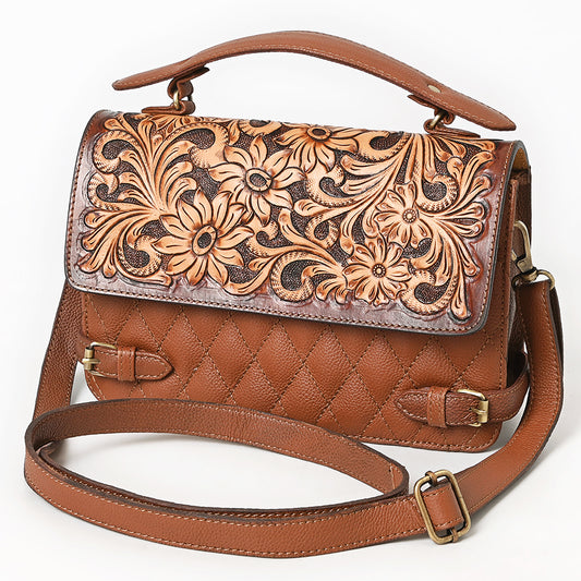 ADBGA751 Tan Quilted Leather Western Handbag - Tooled Floral Flap with Top Handle & Crossbody Strap