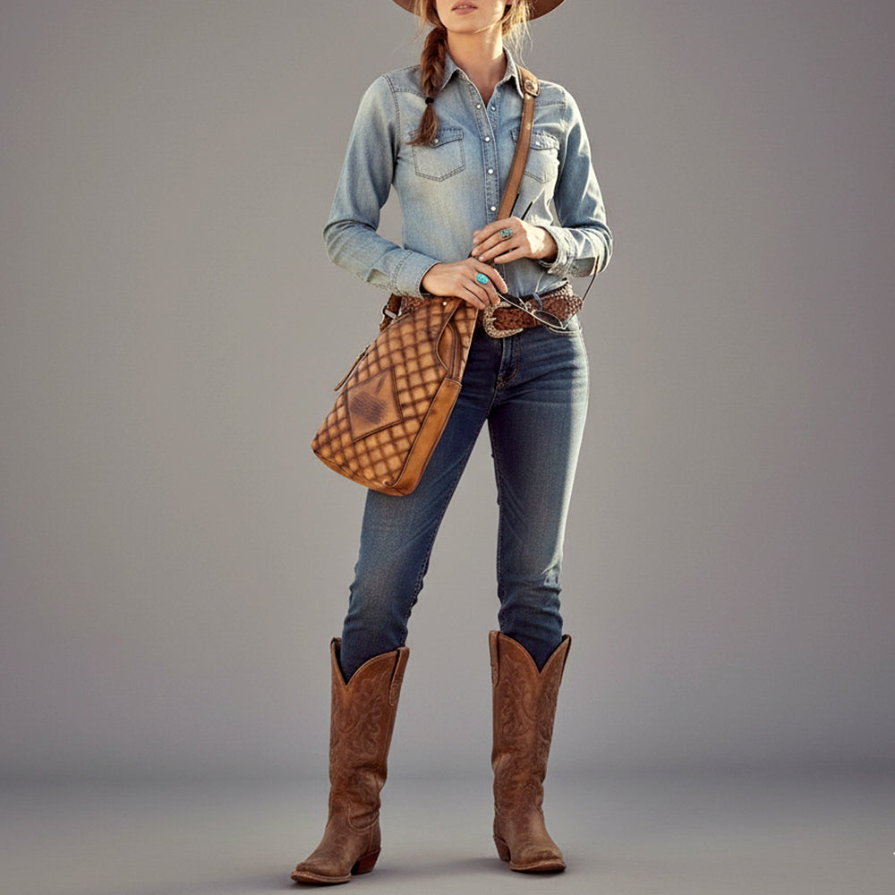 ADBGM593 Quilted Leather Western Sling Bag - Tan Crossbody Chest Pack