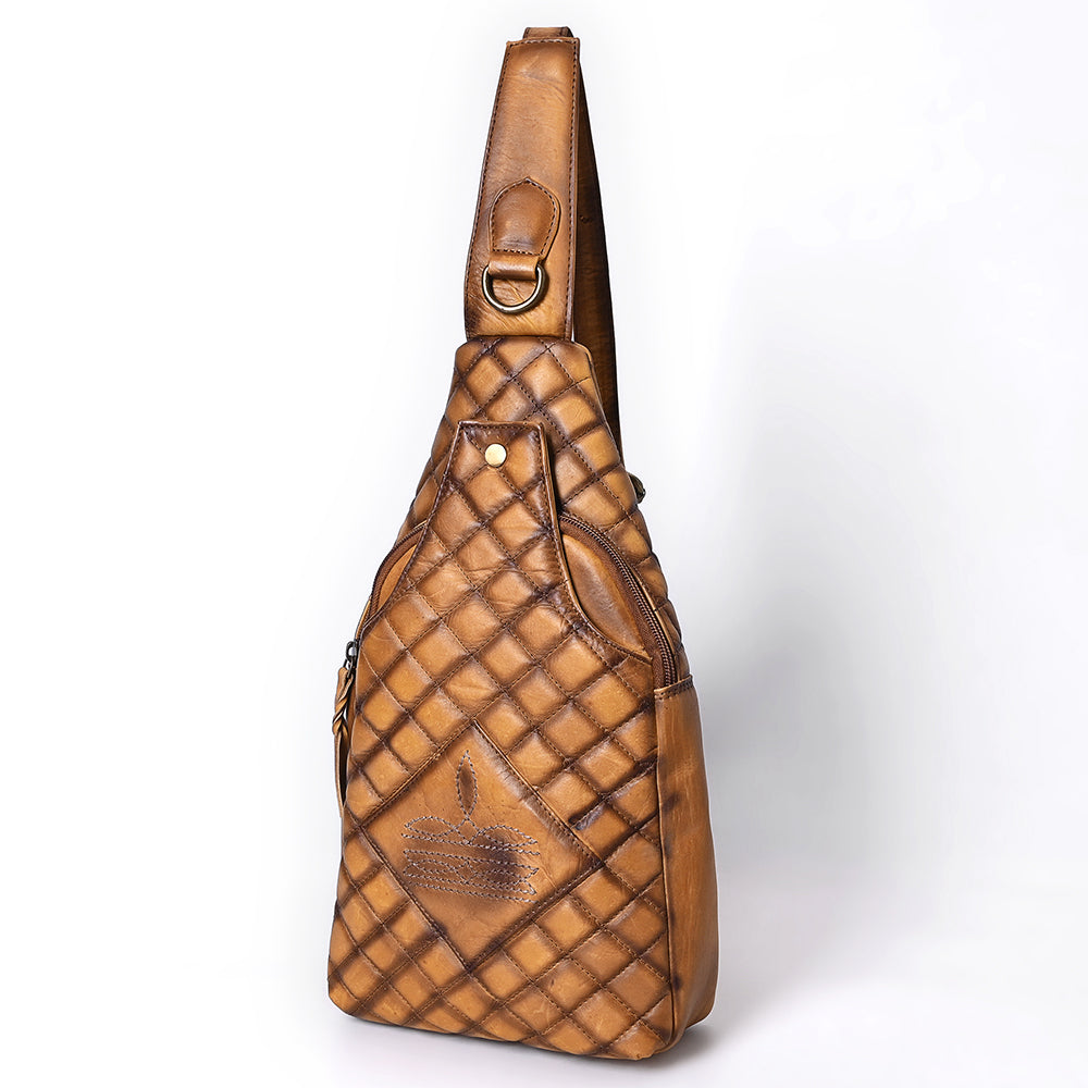 ADBGM593 Quilted Leather Western Sling Bag - Tan Crossbody Chest Pack