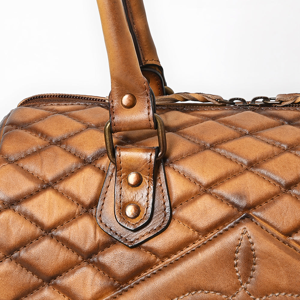 ADBGM596 Quilted Chestnut Brown Genuine Leather Barrel Duffel bag with Dual Handles & Strap