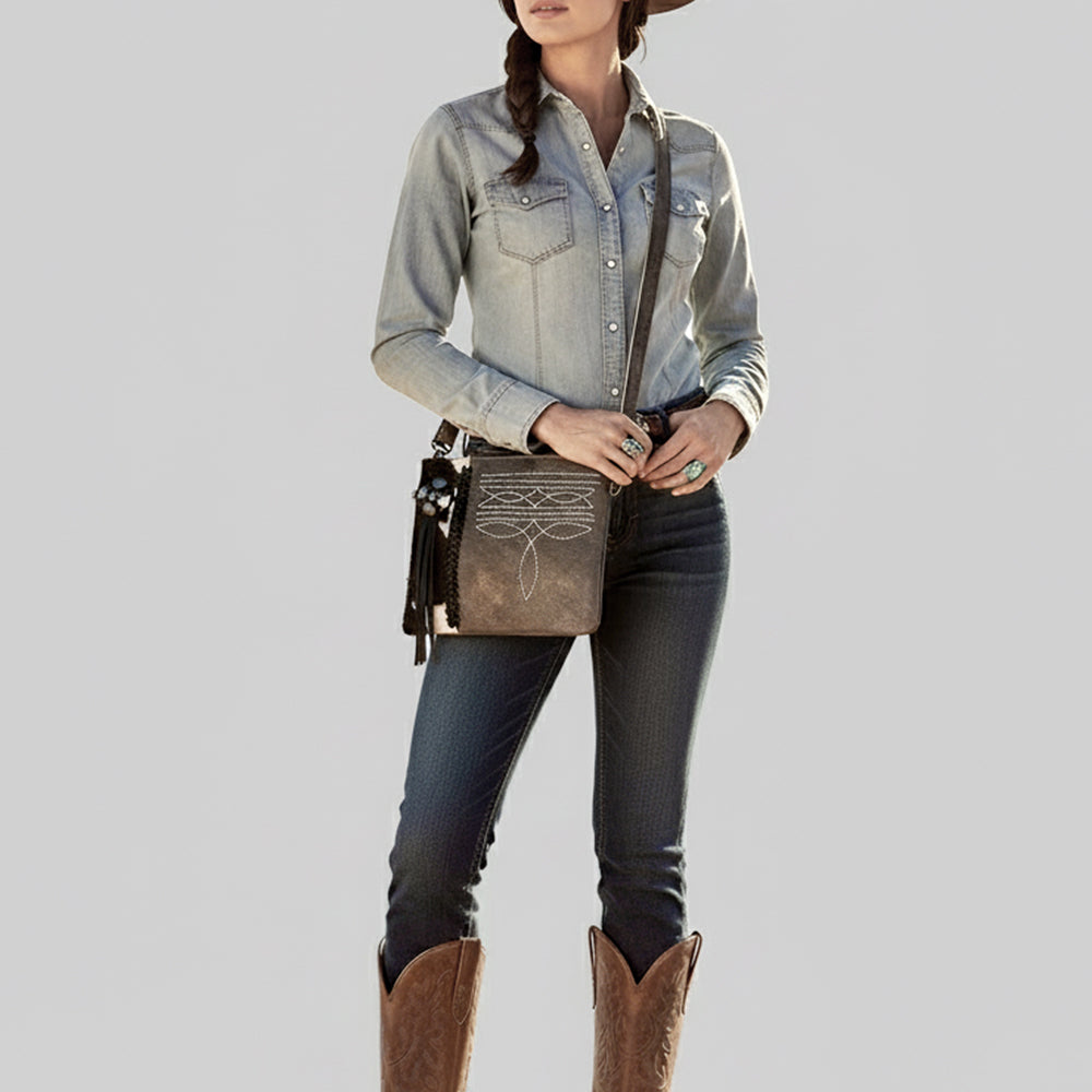 ADBGM597 Hair-On Hide & Grey Genuine Leather Crossbody Bag with Western Stitching & Fringe Accent