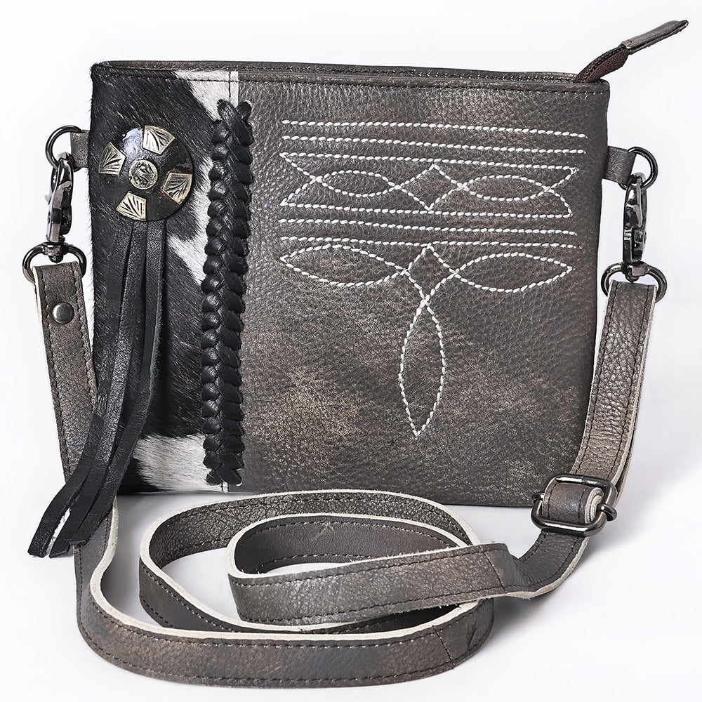 ADBGM597 Hair-On Hide & Grey Genuine Leather Crossbody Bag with Western Stitching & Fringe Accent