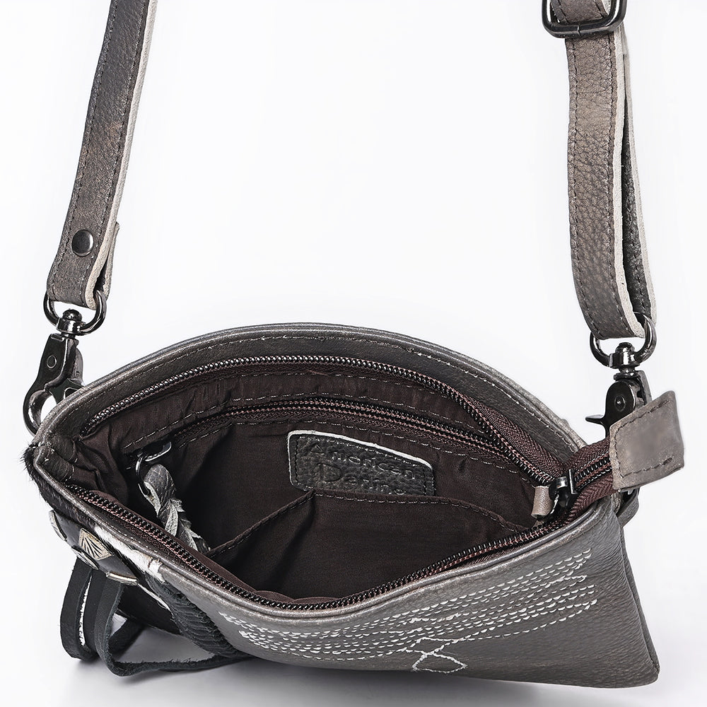 ADBGM597 Hair-On Hide & Grey Genuine Leather Crossbody Bag with Western Stitching & Fringe Accent