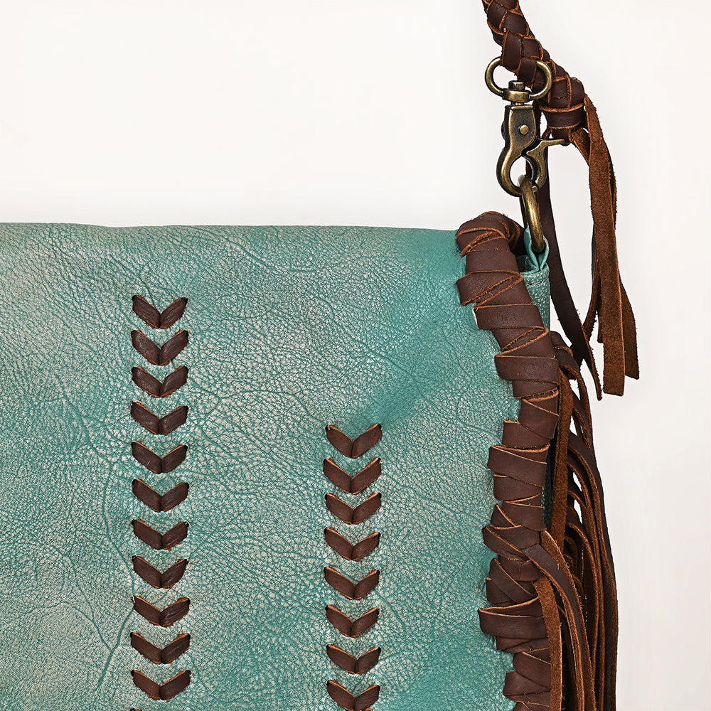 ADBGM598 Turquoise & Brown Genuine Leather Fringe Messenger Bag with Braided Detail