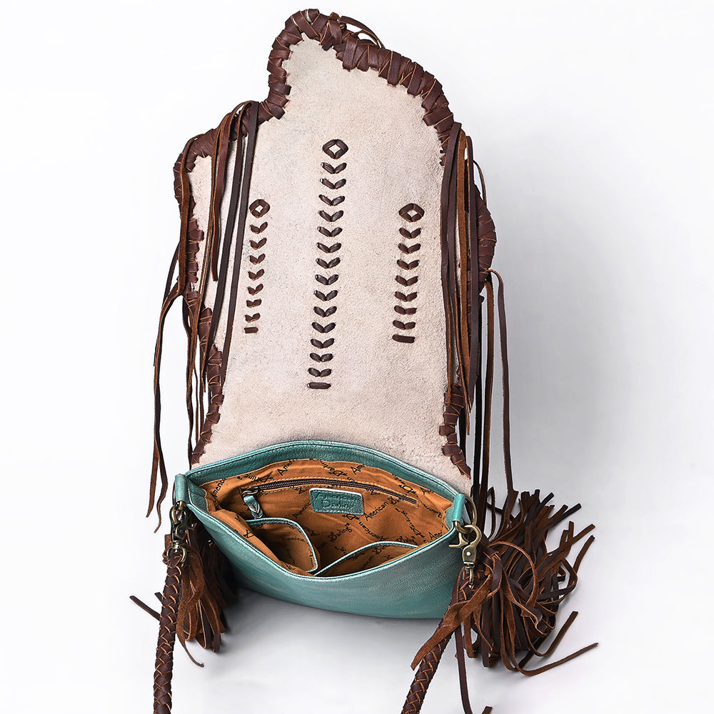 ADBGM598 Turquoise & Brown Genuine Leather Fringe Messenger Bag with Braided Detail
