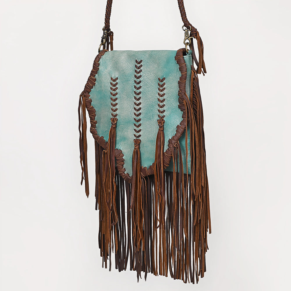 ADBGM598 Turquoise & Brown Genuine Leather Fringe Messenger Bag with Braided Detail