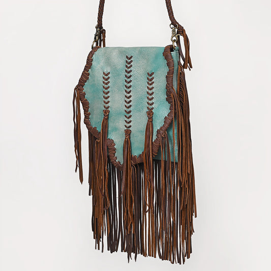 ADBGM598 Turquoise & Brown Genuine Leather Fringe Messenger Bag with Braided Detail