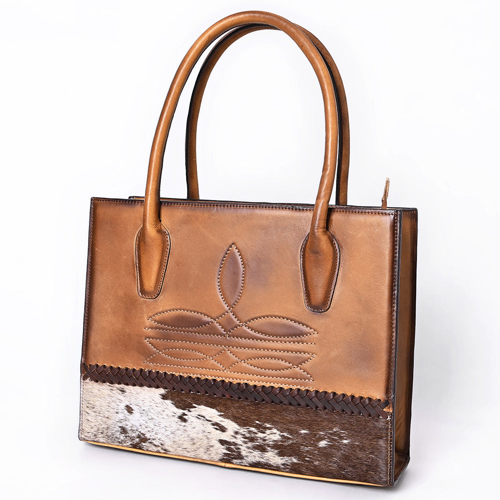 ADBGM599 Hair-On Hide & Tan Genuine Leather Western Tote Bag with Braided Detail
