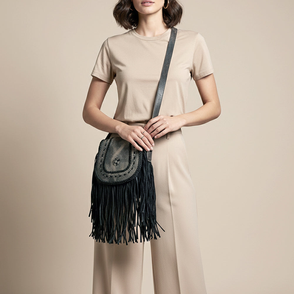 ADBGM600 Black Fringe Western Crossbody Bag with Braided Trim and Concho Accent - Genuine Leather