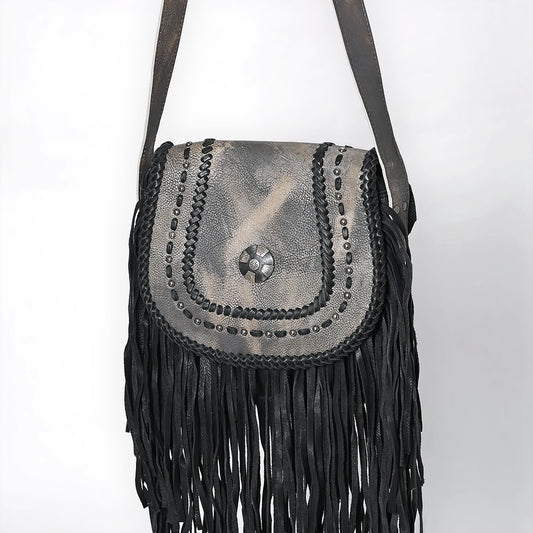 ADBGM600 Black Fringe Western Crossbody Bag with Braided Trim and Concho Accent - Genuine Leather