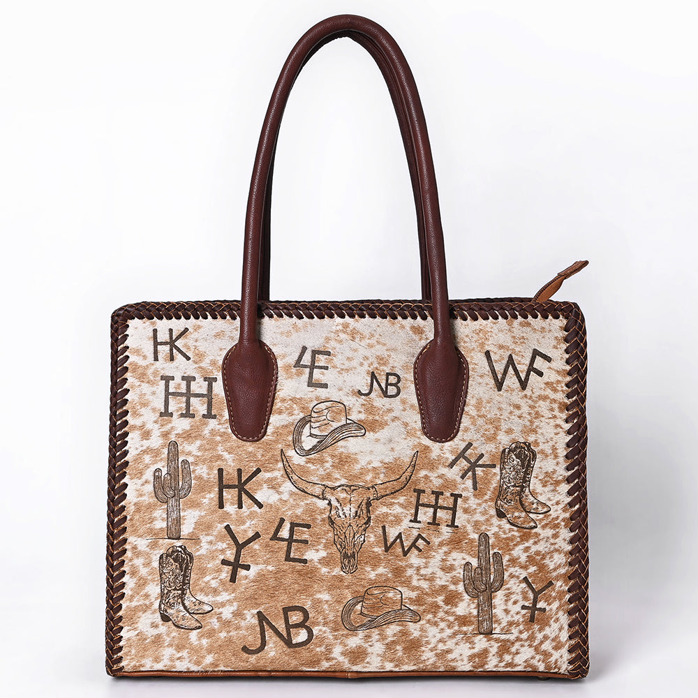 ADBGM601 Hair-On Hide Western Tote Bag with Ranch Brand Print and Tooled Leather Trim