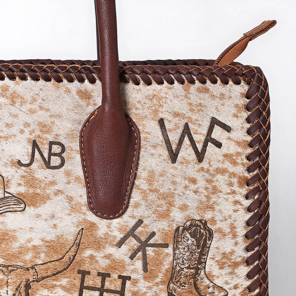 ADBGM601 Hair-On Hide Western Tote Bag with Ranch Brand Print and Tooled Leather Trim