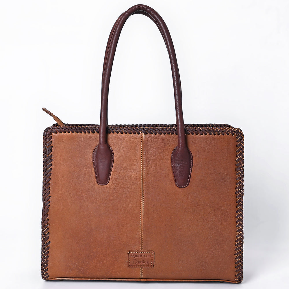ADBGM601 Hair-On Hide Western Tote Bag with Ranch Brand Print and Tooled Leather Trim