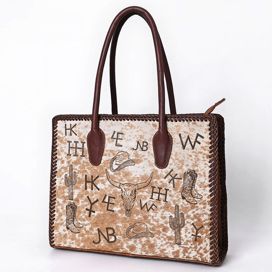 ADBGM601 Hair-On Hide Western Tote Bag with Ranch Brand Print and Tooled Leather Trim