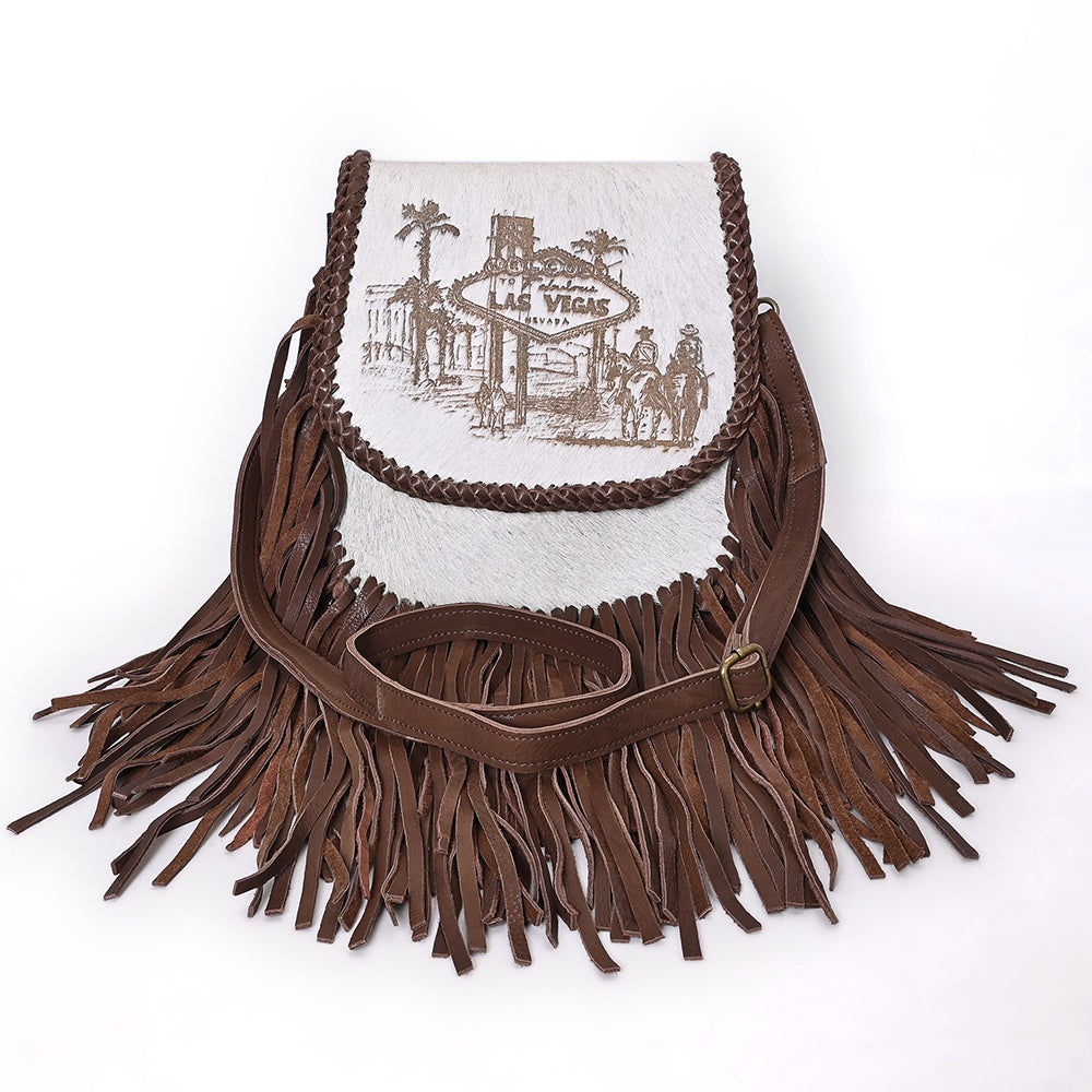 ADBGM602 Las Vegas Cowboy Scene Hair-On Hide Fringe Crossbody Bag - Western Leather Purse