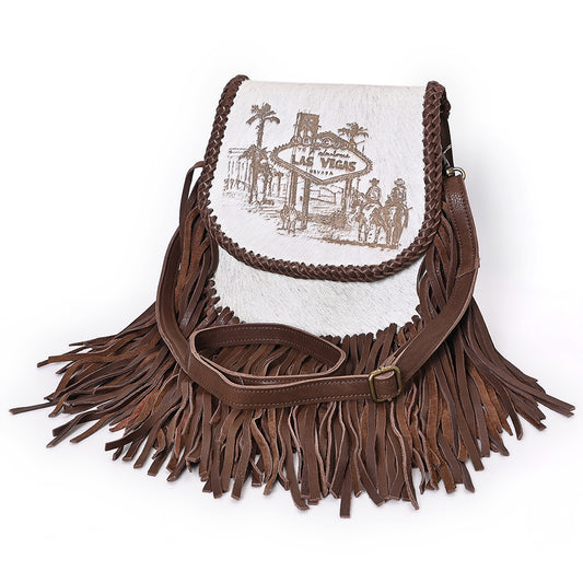 ADBGM602 Las Vegas Cowboy Scene Hair-On Hide Fringe Crossbody Bag - Western Leather Purse