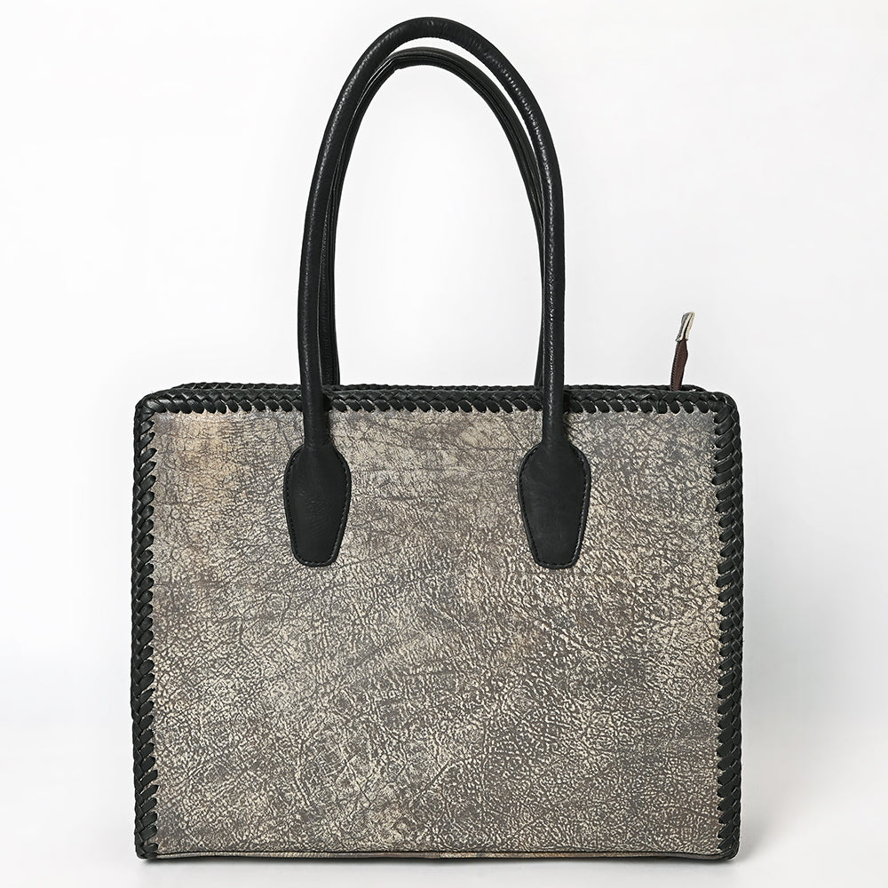 ADBGM604 Distressed Silver Metallic Leather Western Tote Bag with Black Braided Trim