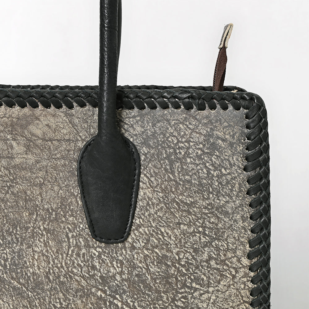 ADBGM604 Distressed Silver Metallic Leather Western Tote Bag with Black Braided Trim