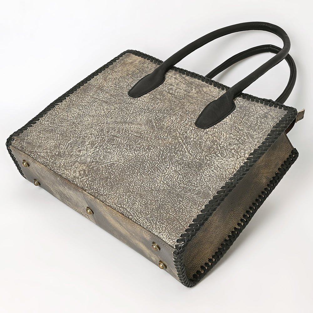 ADBGM604 Distressed Silver Metallic Leather Western Tote Bag with Black Braided Trim