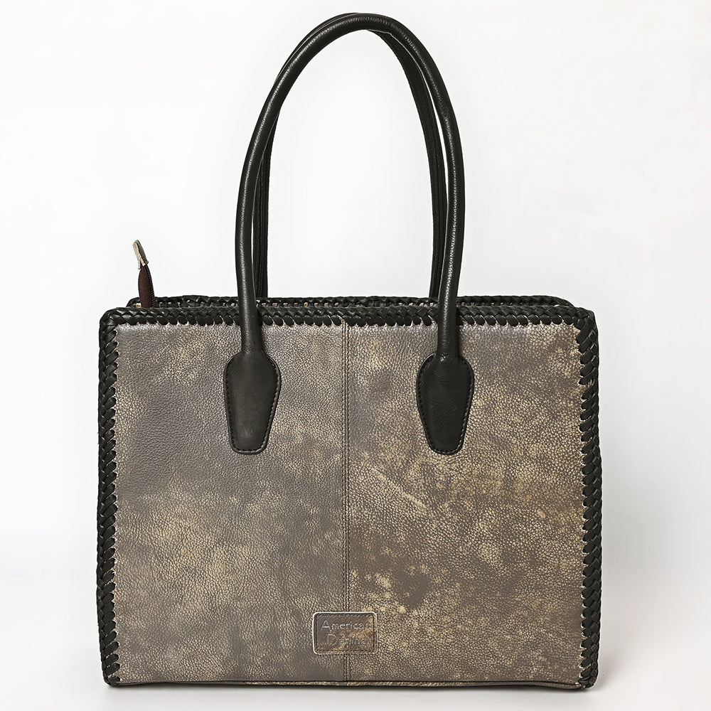 ADBGM604 Distressed Silver Metallic Leather Western Tote Bag with Black Braided Trim