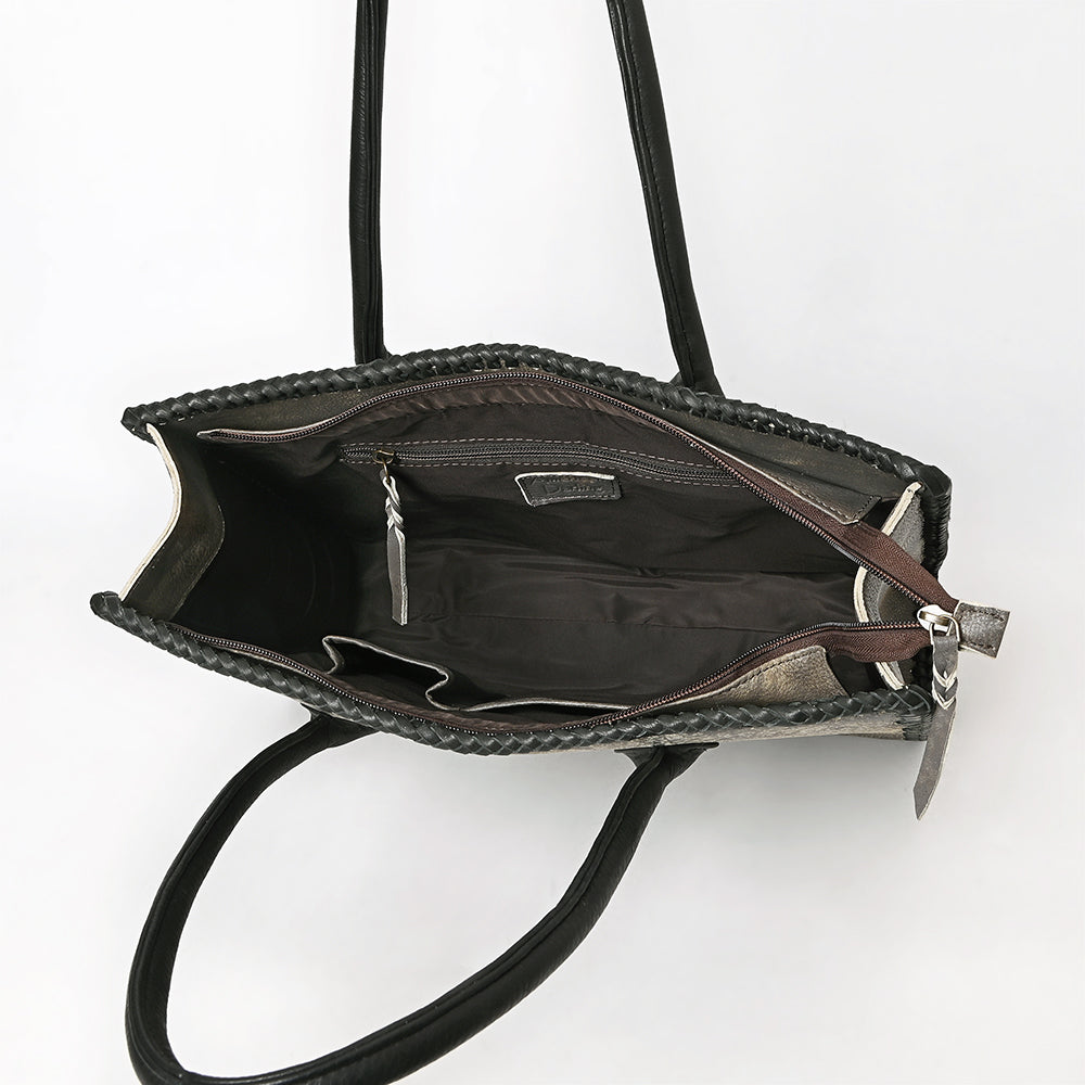 ADBGM604 Distressed Silver Metallic Leather Western Tote Bag with Black Braided Trim