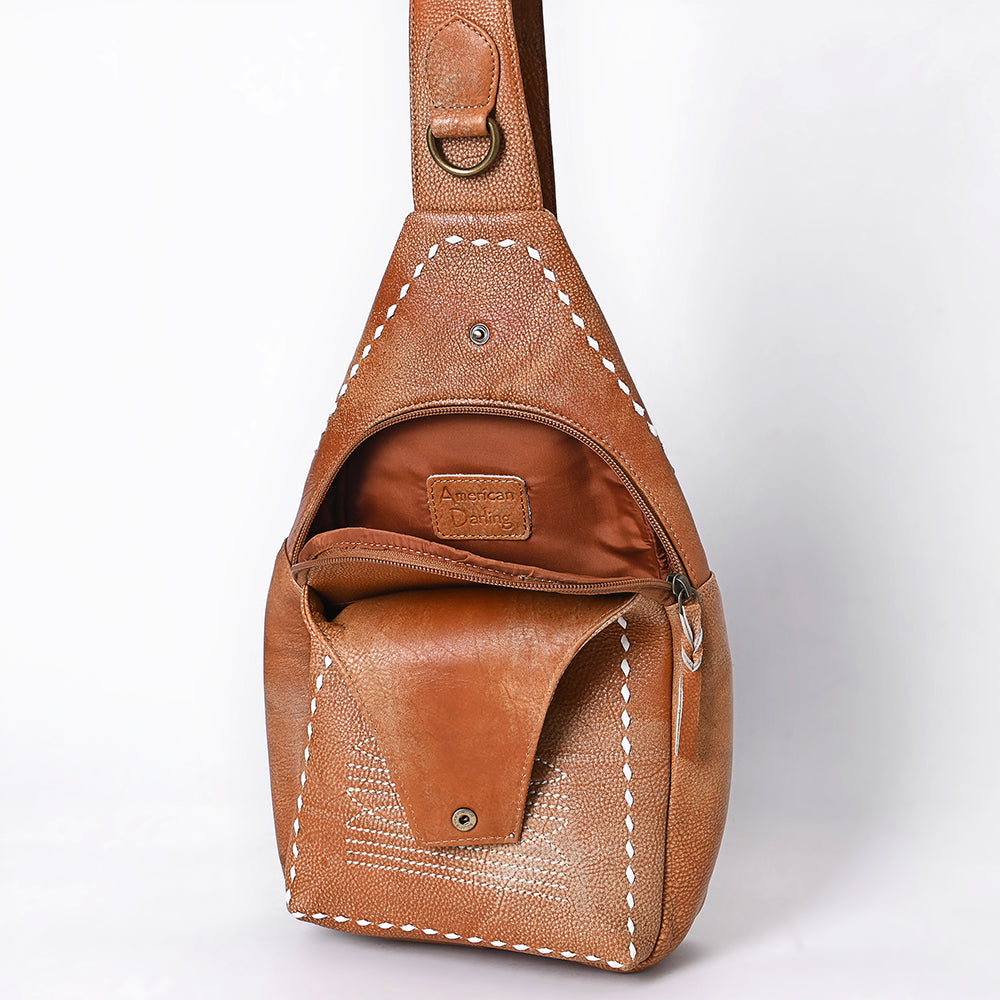 ADBGM605 Genuine Leather Western Sling Bag with White Stitching & Crossbody Strap