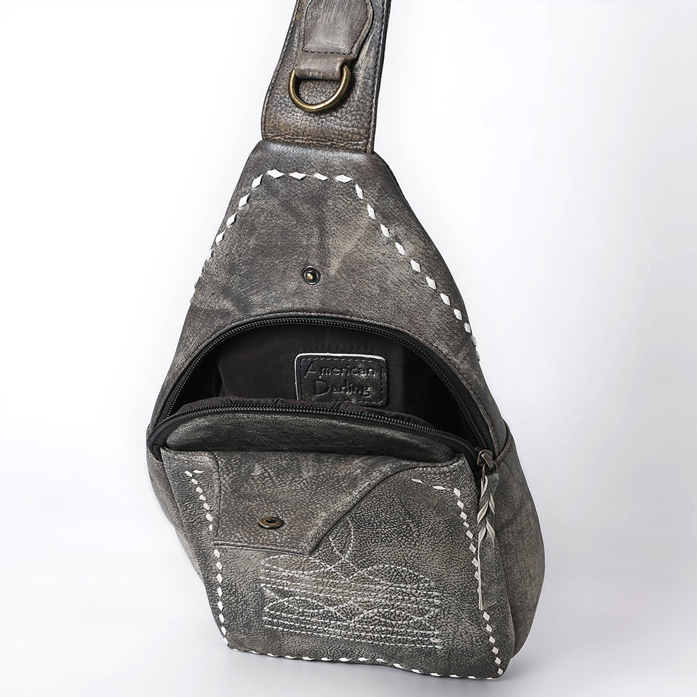ADBGM605 Genuine Leather Western Sling Bag with White Stitching & Crossbody Strap
