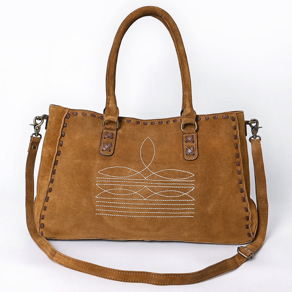ADBGM127F Genuine suede Western Tote Bag - Light Brown Embroidered Leather Handbag with Whipstitch Detail