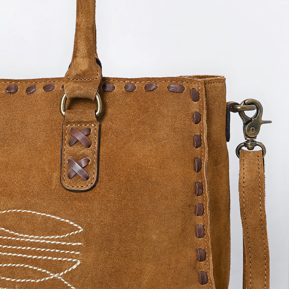 ADBGM127F Genuine suede Western Tote Bag - Light Brown Embroidered Leather Handbag with Whipstitch Detail