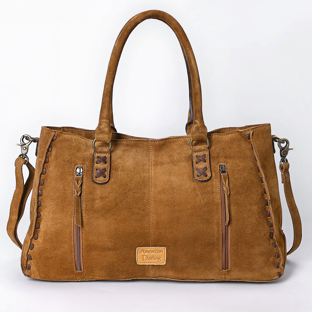 ADBGM127F Genuine suede Western Tote Bag - Light Brown Embroidered Leather Handbag with Whipstitch Detail