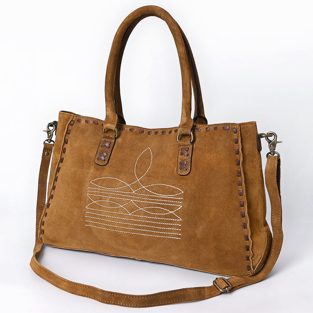 ADBGM127F Genuine suede Western Tote Bag - Light Brown Embroidered Leather Handbag with Whipstitch Detail