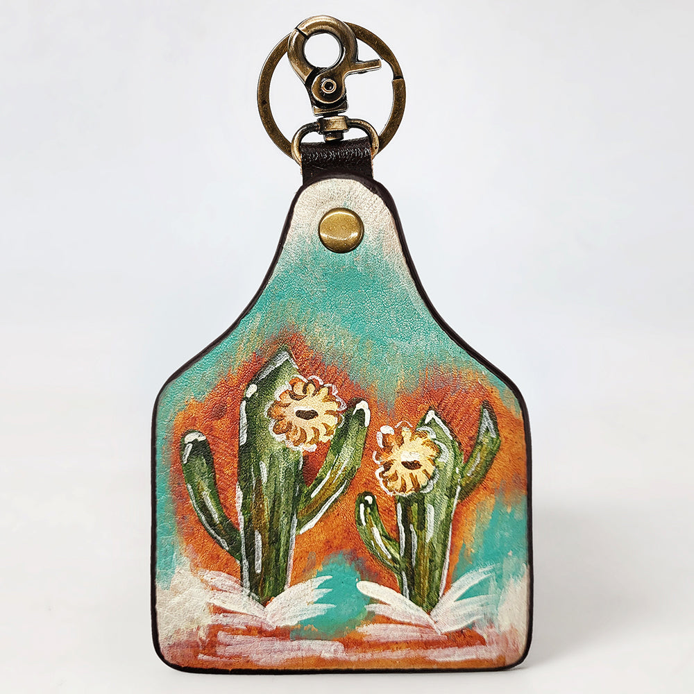 ADKRM144 Hand-Painted Cowhide Leather Keyring   Southwestern Cactus Bloom Design
