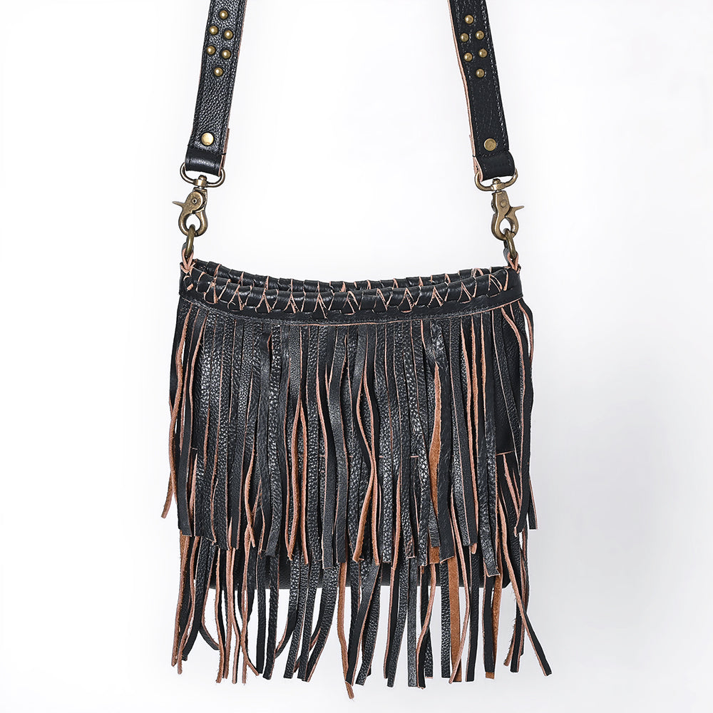 ADBGM482 Leather Fringe Crossbody Bag - Western Braided Top with Studded Strap