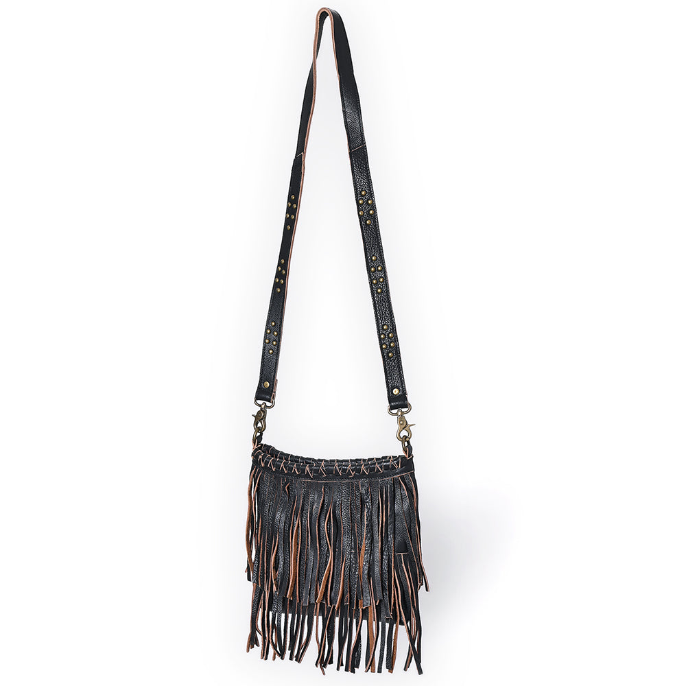 ADBGM482 Leather Fringe Crossbody Bag - Western Braided Top with Studded Strap