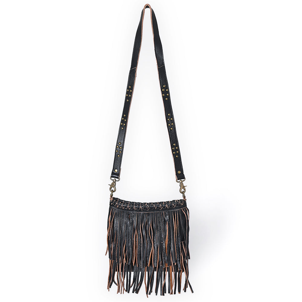 ADBGM482 Leather Fringe Crossbody Bag - Western Braided Top with Studded Strap