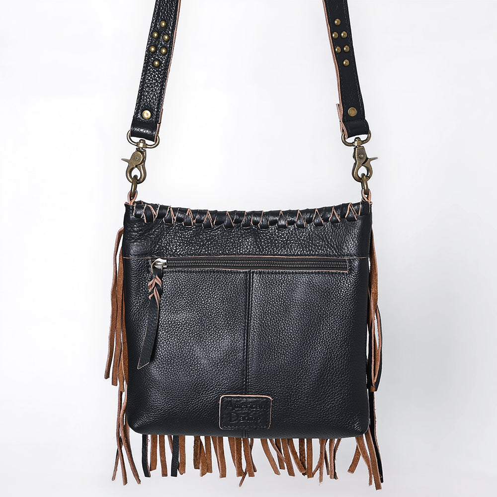 ADBGM482 Leather Fringe Crossbody Bag - Western Braided Top with Studded Strap