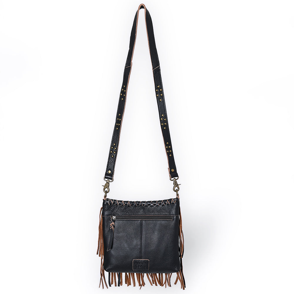 ADBGM482 Leather Fringe Crossbody Bag - Western Braided Top with Studded Strap